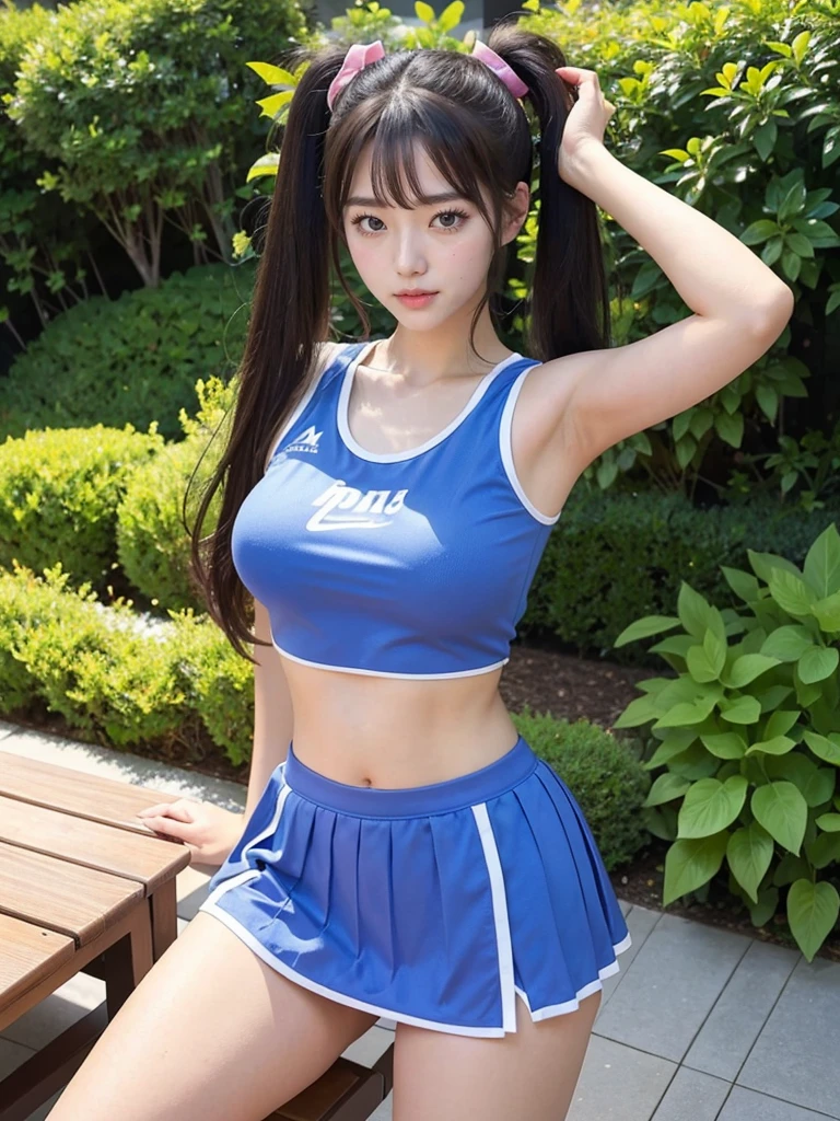 masterpiece、Award-winning works、Highest quality、Highest quality、Glowing Skin、(Big Breasts:1.2)、Nice body、Korean girl in cheerleader outfit、Side twin tail、garden、Thigh to head