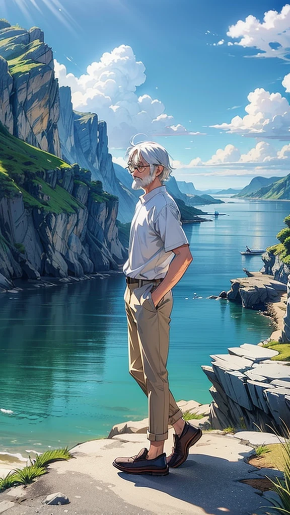 Create a high-quality anime-style image featuring an elderly man standing on a rocky cliff by the sea. The man has white hair, a beard, and is wearing round glasses. He is dressed in a white shirt, beige pants rolled up at the ankles, and white sneakers. His posture is relaxed, with his hands in his pockets, gazing thoughtfully into the distance.

The background consists of a clear blue sky filled with fluffy, white clouds. Below the cliff, there is a calm sea with boats and a small coastal village nestled at the foot of green, mountainous terrain. The scene captures a peaceful, reflective moment, with vibrant colors and detailed shading to emphasize the tranquil and contemplative atmosphere.