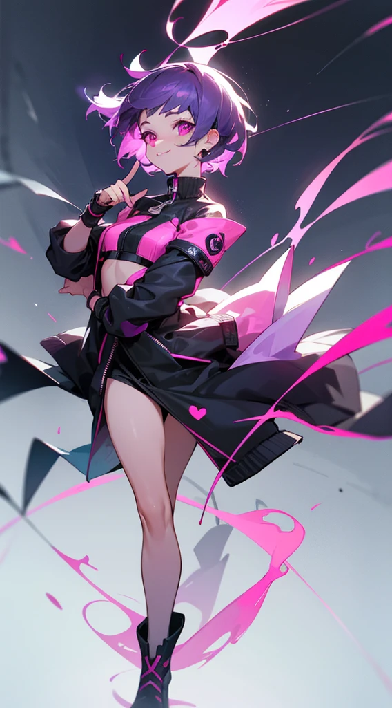 Top Quality, 8K, 4K, High Definition, Detail, (better-quality, 8K, 12), top-quality, 1 girl、only showing her face, she has purple hair, wearing a yellow pin on her right side of her hair, she has her hands together, she looking at you, she is smiling at you, medium breast, her jacket color dark gray with a pink zipper, pink eyes, showing her face and chesat, short hair long as her neck, (only showing half of her body) her jacket is loose. she is wearing earing only right ear shaped has a heart, she has her hand up making a pose, get closer to see up close of her face, she making a pose, she making pose her finger, full body, falling towards to night dark city,
