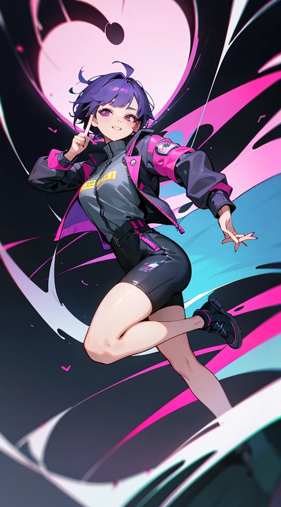 Top Quality, 8K, 4K, High Definition, Detail, (better-quality, 8K, 12), top-quality, 1 girl、only showing her face, she has purple hair, wearing a yellow pin on her right side of her hair, she has her hands together, she looking at you, she is smiling at you, medium breast, her jacket color dark gray with a pink zipper, pink eyes, showing her face and chesat, short hair long as her neck, (only showing half of her body) her jacket is loose. she is wearing earing only right ear shaped has a heart, she has her hand up making a pose, get closer to see up close of her face, she making a pose, she making pose her finger, full body, falling towards to night dark city,
