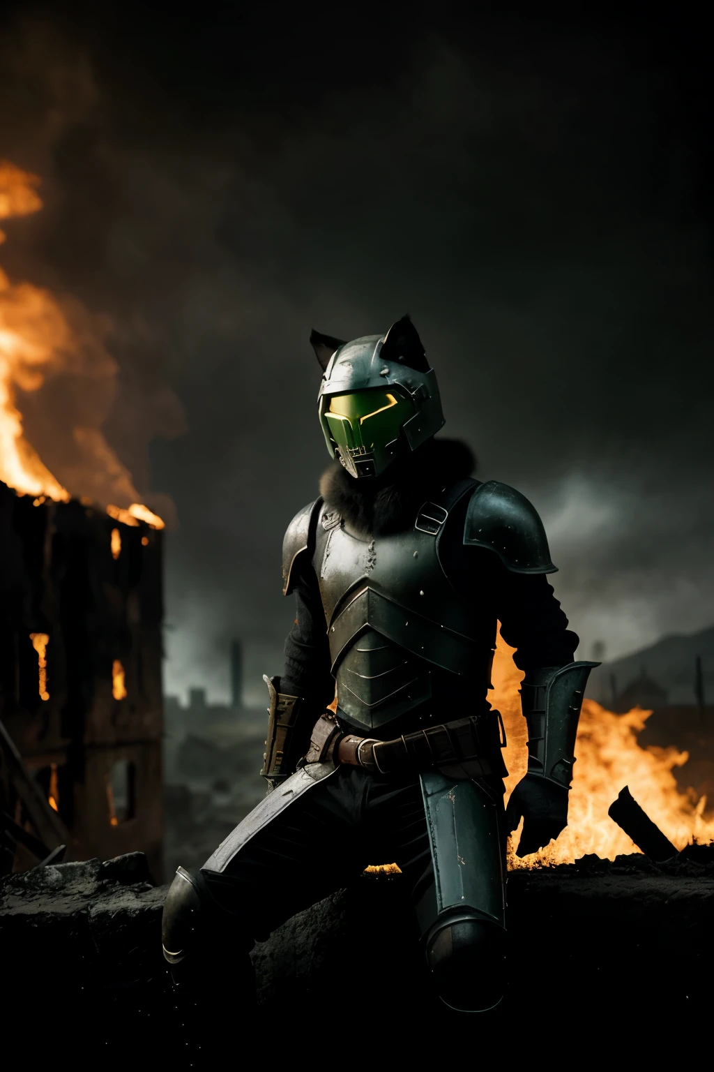 A cat with black and white fur, green eyes, and a green collar with a bell, sitting in a dark, eerie, and apocalyptic environment inspired by the game Doom. The background is filled with burning buildings, demonic creatures, and rugged terrain. The cat has a determined and fierce expression, with hints of battle gear like a small armor and helmet. The overall atmosphere is intense and menacing, with dark red and black tones dominating the scene