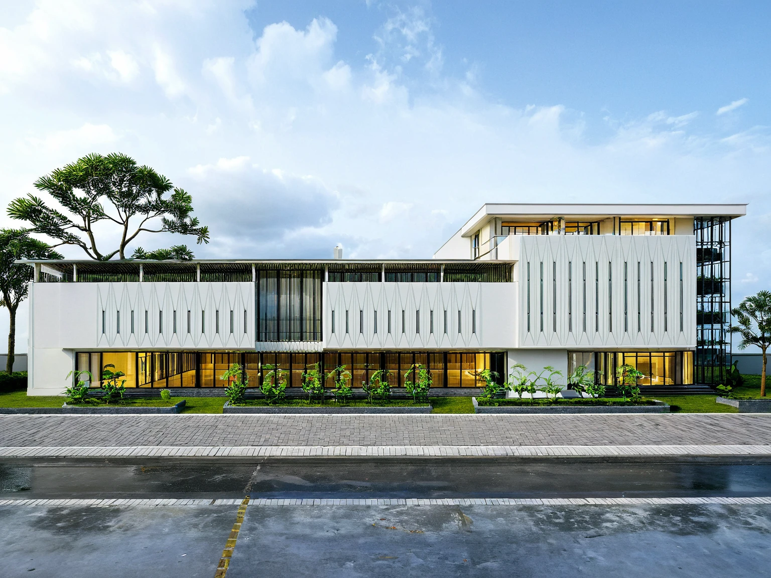 Masterpiece, high quality, best quality, authentic, super detail, outdoors, house style neoclassic,  wedding center, white wall, glass windows, gate road, pavement, grass, trees, blue sky, cloud, (day:1.1), realistic lighting