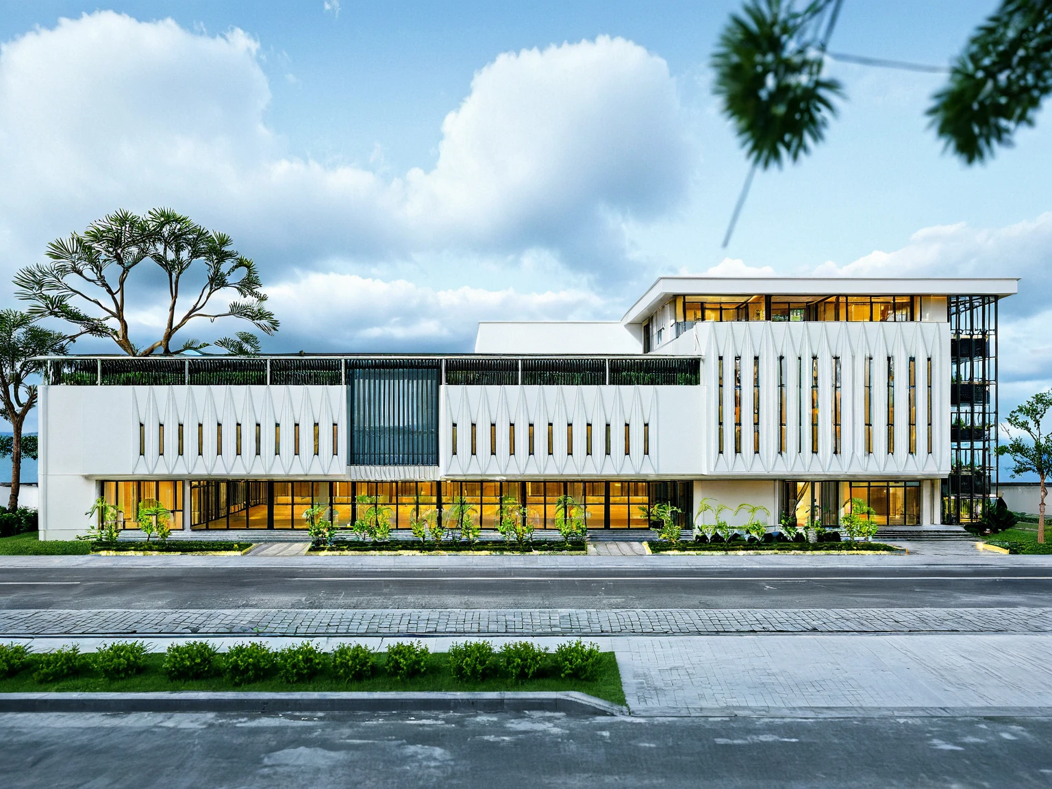 Masterpiece, high quality, best quality, authentic, super detail, outdoors, house style neoclassic,  wedding center, white wall, glass windows, gate road, pavement, grass, trees, blue sky, cloud, (day:1.1), realistic lighting