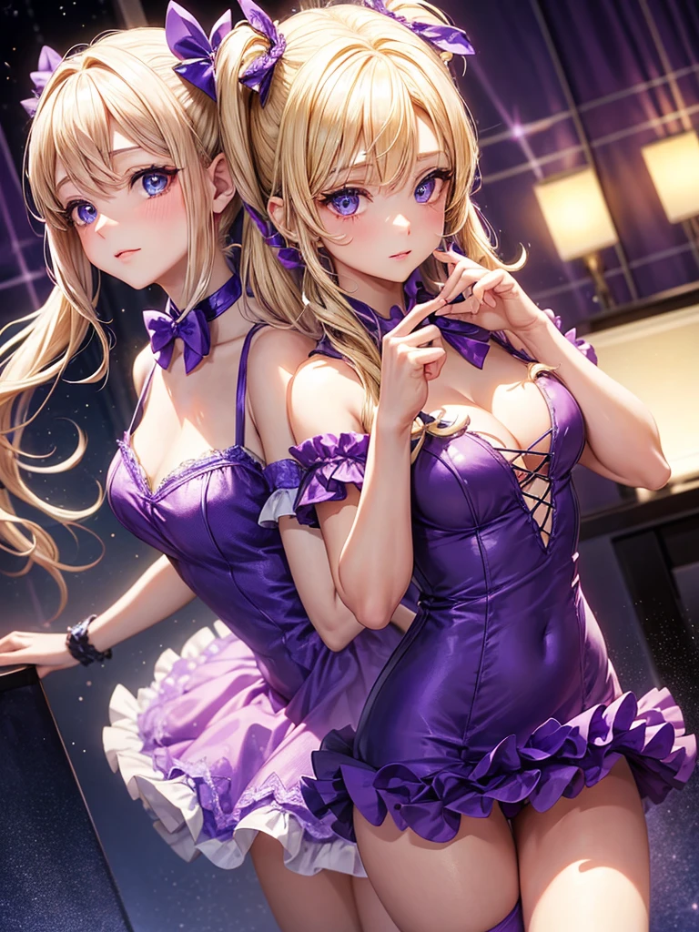 an adult woman, blonde with two pigtails with a purple bow each, purple dress with sparkles and diamonds, short and gala, with an opening in its pirrna, she has blue eyes, is at a late night dinner in a wealthy place