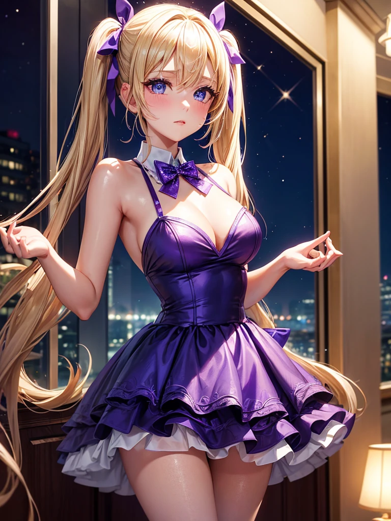 an adult woman, blonde with two pigtails with a purple bow each, purple dress with sparkles and diamonds, short and gala, with an opening in its pirrna, she has blue eyes, is at a late night dinner in a wealthy place