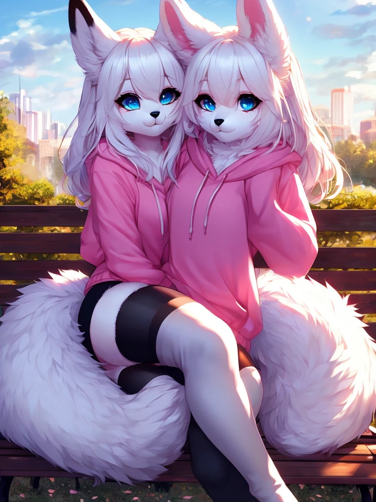 bunny girl with blue eyes, black nose, white fur, fluffy tail, white ears, long white hair, outside park background, sitting down on a bench, hair over one eye, pink hoodie, full body, big, realistic, best stockings