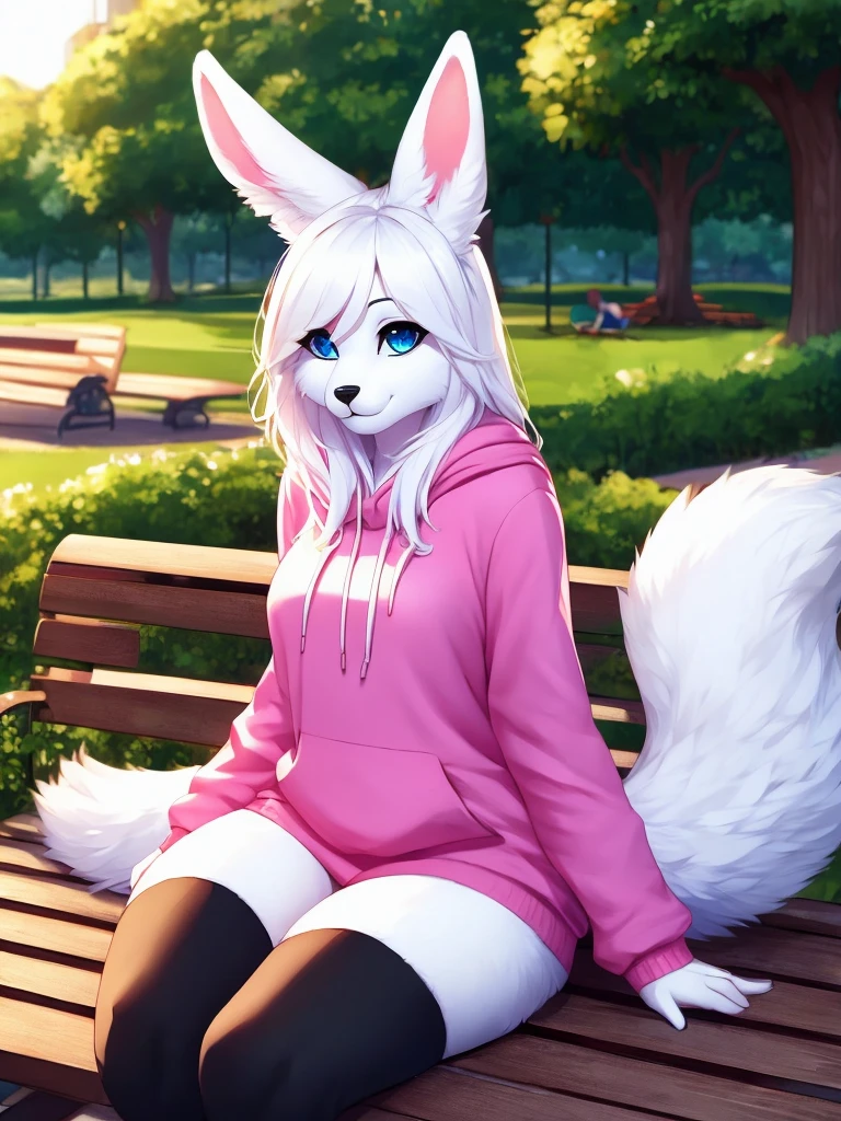 bunny girl with blue eyes, black nose, white fur, fluffy tail, white ears, long white hair, outside park background, sitting down on a bench, hair over one eye, pink hoodie, full body, big, realistic, best stockings