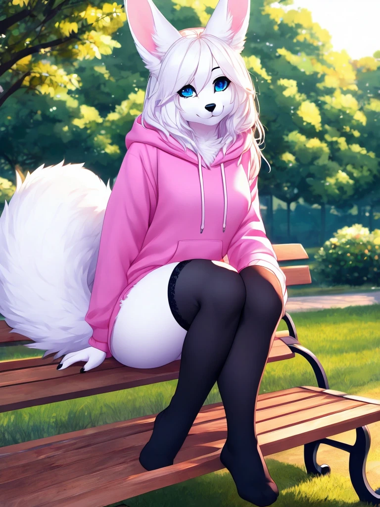 bunny girl with blue eyes, black nose, white fur, fluffy tail, white ears, long white hair, outside park background, sitting down on a bench, hair over one eye, pink hoodie, full body, big, realistic, best stockings