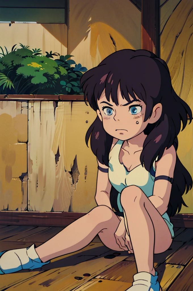 blue eyed girl with long wavy black hair, (cruel_expression):4.0, lewd:2.0