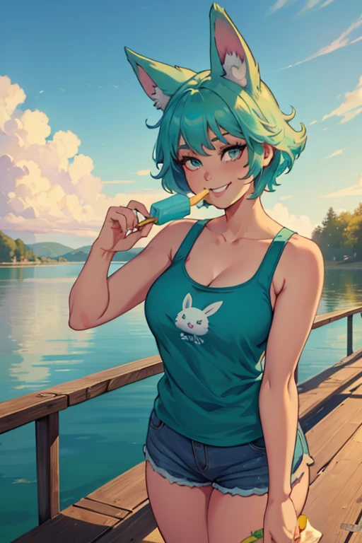 A light teal haired woman with one violet eye and one green eye and light teal rabbit ears in a cute tank top and shorts is eating an ice cream on the dock with a big smile.
