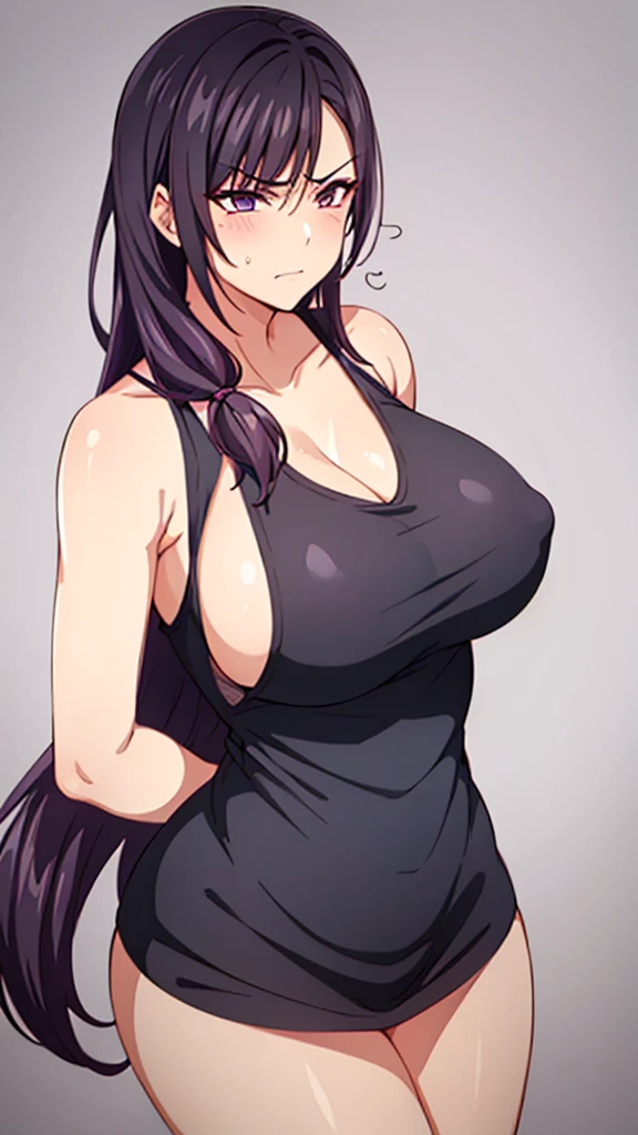 1 milf, purple and slightly black hair, wearing a black tank top, cynical look, angry face, white background, erotic, full body