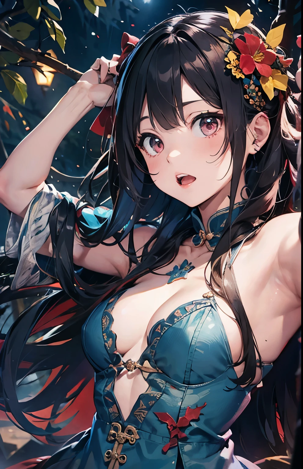 Highest quality, Super quality, 16K, Incredibly absurd, Very detailed, 2.5D, delicate and dynamic, Dark Forest, spooky night, Small faint lights and flying fireflies, night, lightning, bat, Poisonous spiders, , Small face, Extremely delicate facial expression, Delicate eye depiction, Upper body close-up, erotic,, sole beautiful sexy zombie lady, healthy shaped body, 22 years old lady, zombie, 170cm tall, big firm bouncing busts, 中国風zombie, 複雑な構造のzombieの衣装, Bloody Face, anger, fight, Thick vines wrap around the whole body