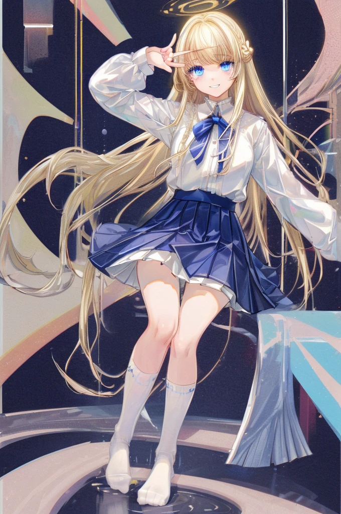One girl, Highest quality,、White blouse,Pleated skirt,Knee-high socks,Long Hair,Blonde,Peace pose,blue eyes,cute,smile,