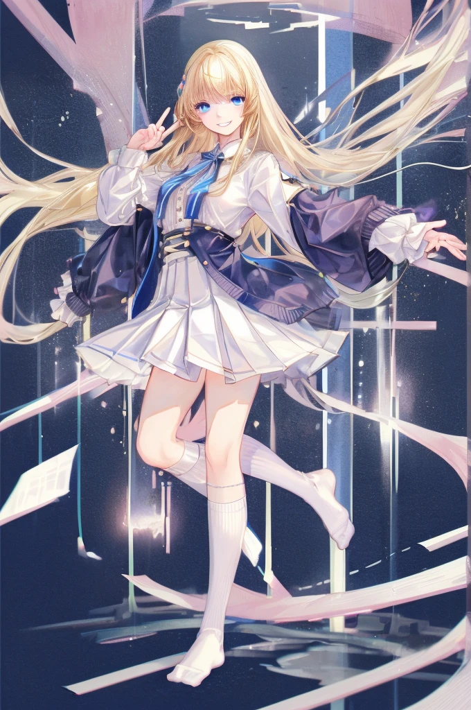 One girl, Highest quality,、White blouse,Pleated skirt,Knee-high socks,Long Hair,Blonde,Peace pose,blue eyes,cute,smile,