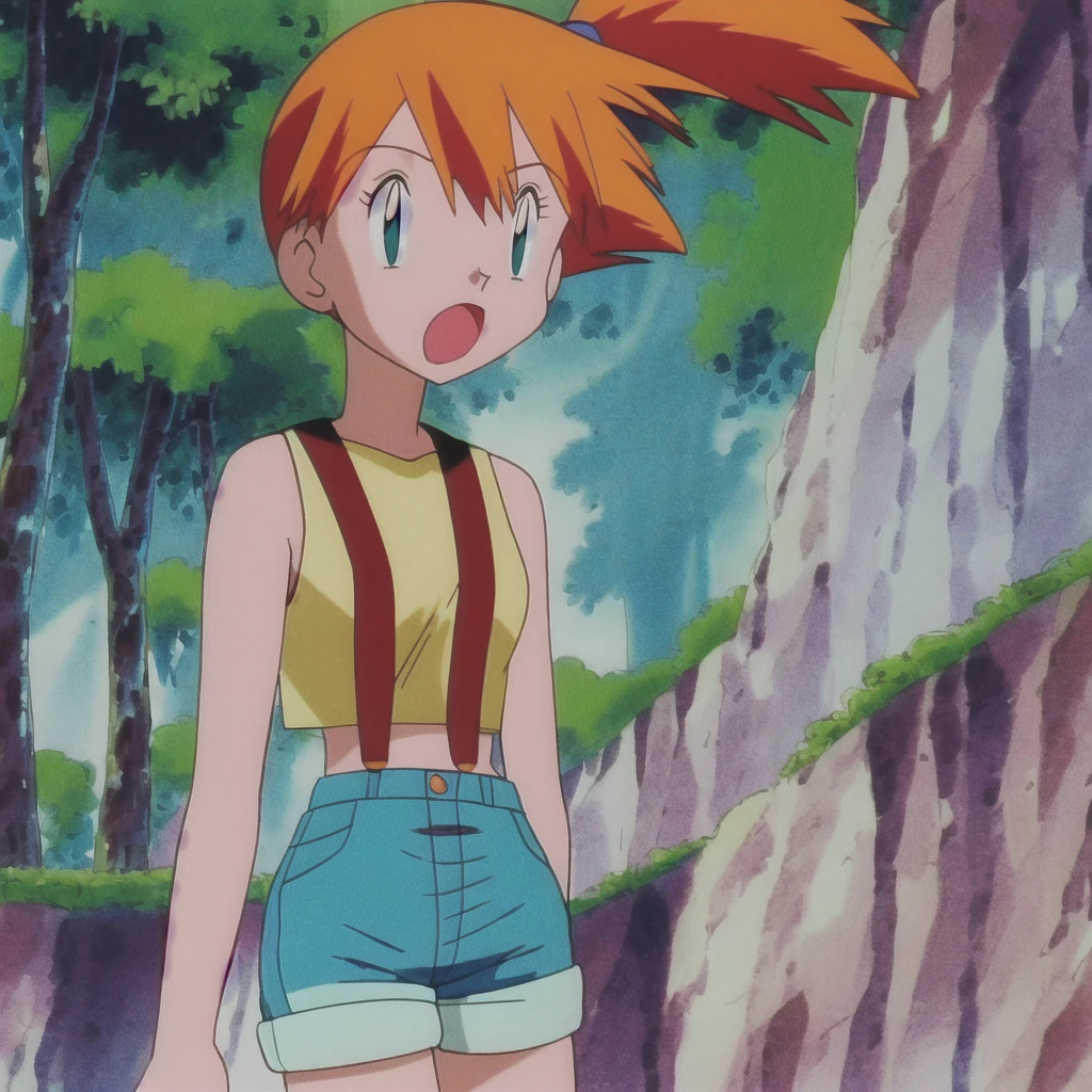 misty (pokemon), 1girl, solo, yellow shirt, sleeveless shirt, suspenders, denim shorts, outdoors