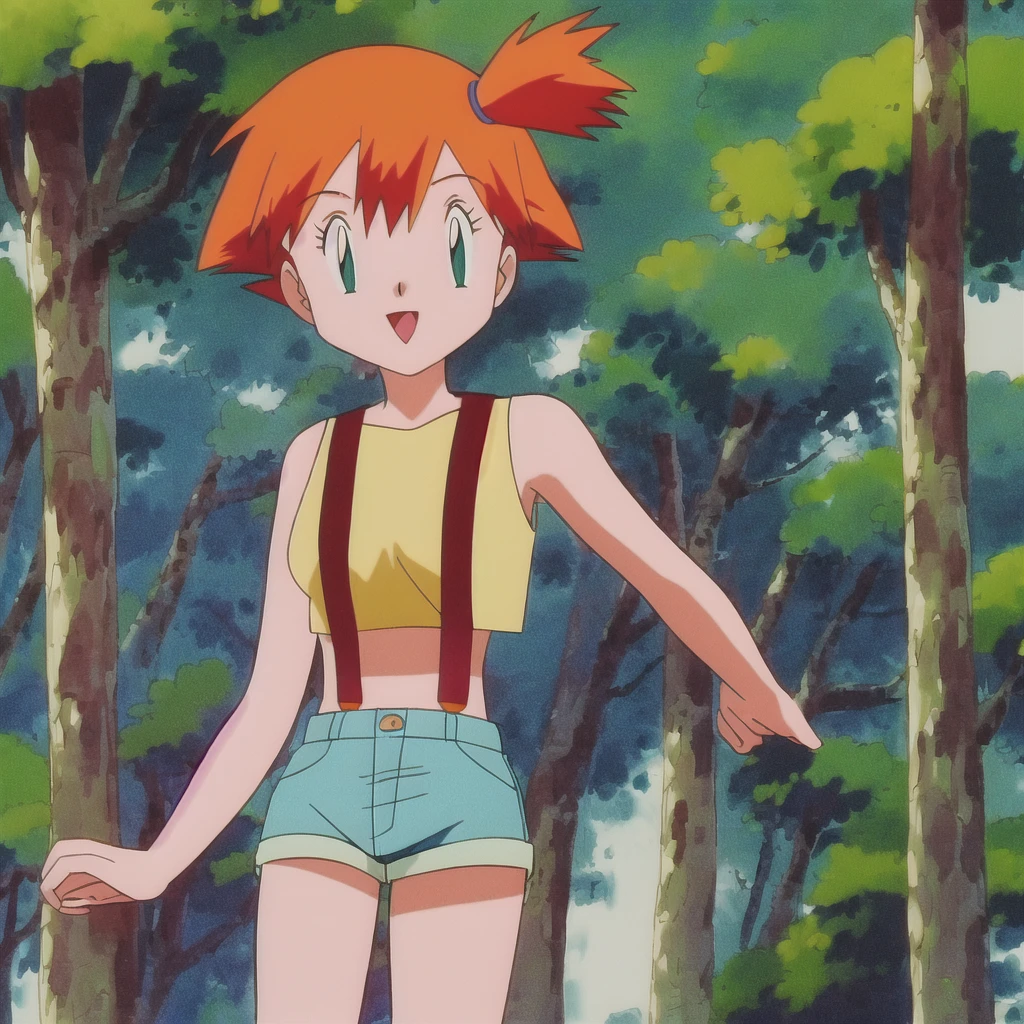 misty (pokemon), 1girl, solo, yellow shirt, sleeveless shirt, suspenders, denim shorts, outdoors