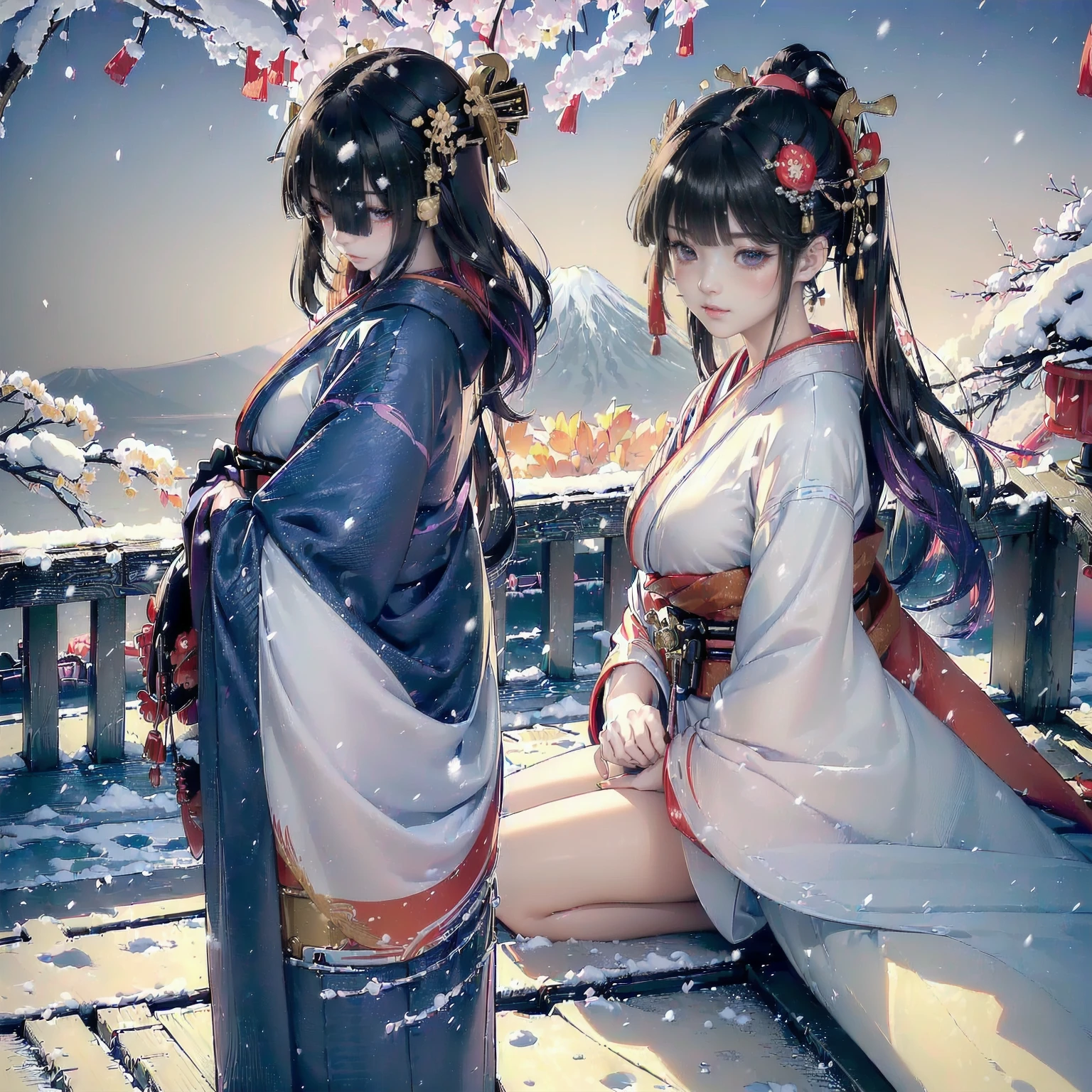 (The image shows only the upper part of the kimono above the obi
:1.7),
((8K, RAW Photos, Highest quality, masterpiece), High-resolution RAW color photos、
Professional close-up photography, (Realistic, フォトrealism: 1.37),
(Highest quality), (Best Shadow), (Best illustrations),
High-quality images、Skin Radiance、Texture of skin and clothing、
Expression of fine eyes、Shiny Hair,Long Hair Girl, Manga inspired by Lee Jong-suk,
Trending on deviantart, realism, detailed manga style, Manga art style,
Perfect Line Drawing, Beautiful line art, digital manga art girl, K-POPアイドル, dress,
Beautiful brown eyes, Fuller lips, Gorgeous face with attention to detail,
(Cute Smile), attractive, Innocent, (Perfectly detailed face),
(Detailed and carefully drawn hand) Photorealistic images, Written boundary depth,
Japanese style princess cut hairstyle,
best quality, masterpiece, New Year,
((Kimono with strikingly beautiful colorful colors:1.7)),
Three Japanese high-school cute girls, ((looking straight)),
gently smiling,
((upper arms hidden by clothes and hair)),
(innocent and pure high-school-girls:1.7)
((white short scarf)), ((white feather shawl)),
(separately side by side:1.4),
shrine background, (mount Fuji:1.3), ((snow))
winter(season), (outdoors:1.5)