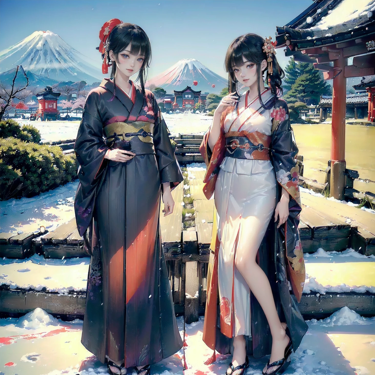 (The image shows only the upper part of the kimono above the obi
:1.7),
((8K, RAW Photos, Highest quality, masterpiece), High-resolution RAW color photos、
Professional close-up photography, (Realistic, フォトrealism: 1.37),
(Highest quality), (Best Shadow), (Best illustrations),
High-quality images、Skin Radiance、Texture of skin and clothing、
Expression of fine eyes、Shiny Hair,Long Hair Girl, Manga inspired by Lee Jong-suk,
Trending on deviantart, realism, detailed manga style, Manga art style,
Perfect Line Drawing, Beautiful line art, digital manga art girl, K-POPアイドル, dress,
Beautiful brown eyes, Fuller lips, Gorgeous face with attention to detail,
(Cute Smile), attractive, Innocent, (Perfectly detailed face),
(Detailed and carefully drawn hand) Photorealistic images, Written boundary depth,
Japanese style princess cut hairstyle,
best quality, masterpiece, New Year,
((Kimono with strikingly beautiful colorful colors:1.7)),
Three Japanese high-school cute girls, ((looking straight)),
gently smiling,
((upper arms hidden by clothes and hair)),
(innocent and pure high-school-girls:1.7)
((white short scarf)), ((white feather shawl)),
(separately side by side:1.4),
shrine background, (mount Fuji:1.3), ((snow))
winter(season), (outdoors:1.5)