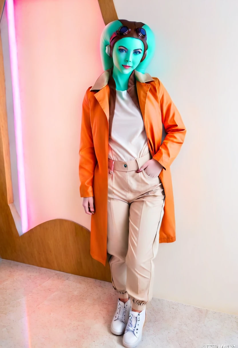 score_9_up, score_8_up, score_7_up, 1girl, solo, mature female, ((Hera)),(( twi’lek race))((((green skin color)))), long horns, blue eyes, pink lips, parted lips, fit slim body, ((perfect medium erected breast)), (((brown jacket, white tight top, orange pants))), (((Cyberpunk interior, living room, with neon lights))), perfect model body, wide hips, pumped up ass, bending over the table and showing her ass, from behind