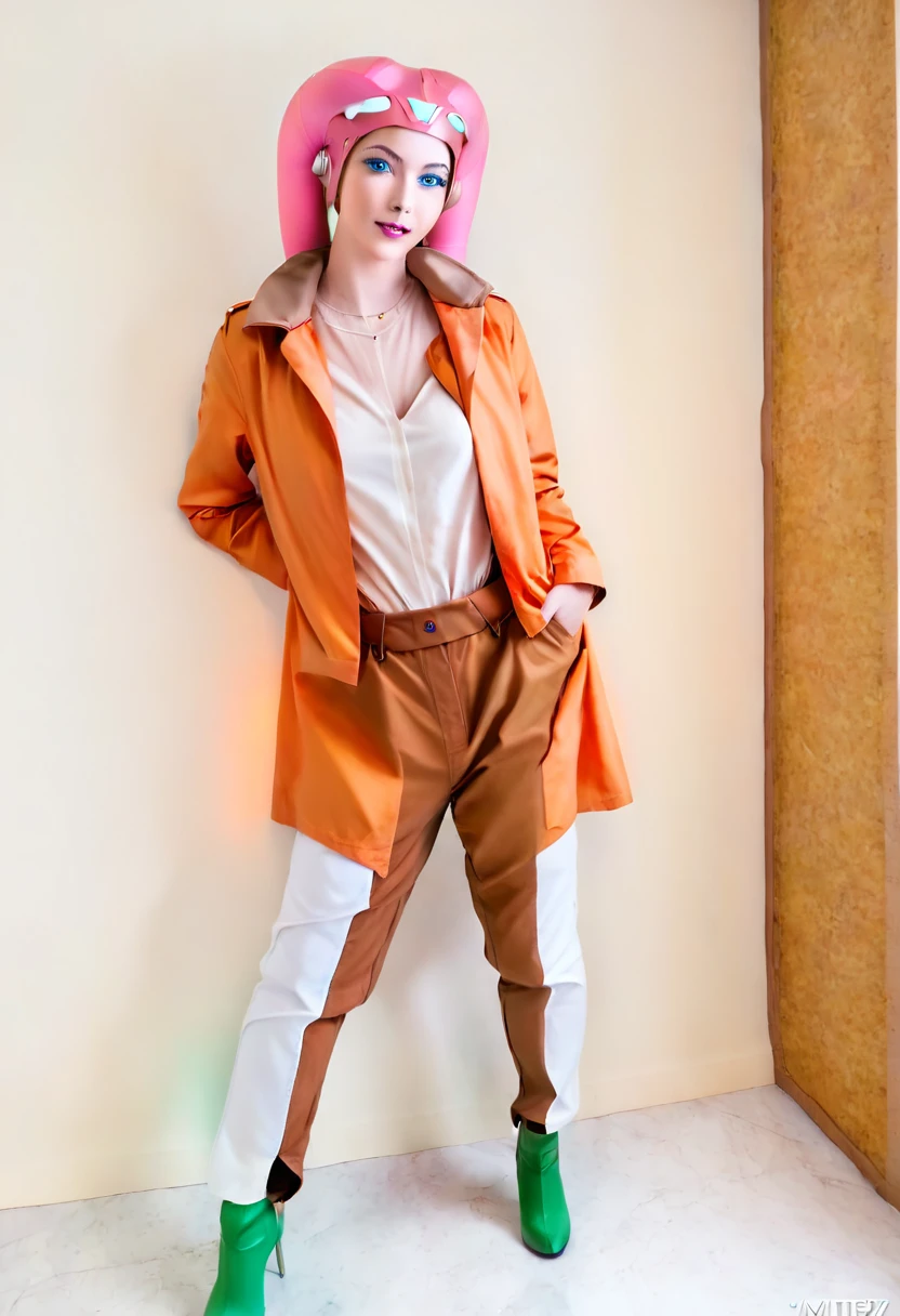 score_9_up, score_8_up, score_7_up, 1girl, solo, mature female, ((Hera)),(( twi’lek race))((((green skin color)))), long horns, blue eyes, pink lips, parted lips, fit slim body, ((perfect medium erected breast)), (((brown jacket, white tight top, orange pants))), (((Cyberpunk interior, living room, with neon lights))), perfect model body, wide hips, pumped up ass, bending over the table and showing her ass, from behind
