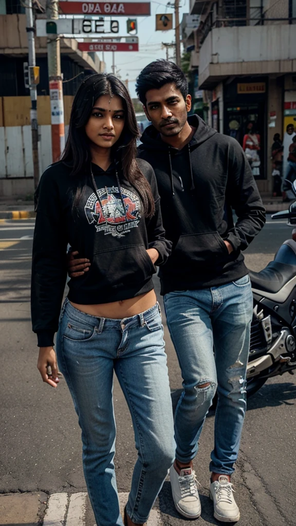 Hot Indian guy wearing a black hoodie, jeans on a superbike in th roads of noida with hot Indian girl 