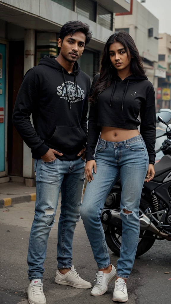 Hot Indian guy wearing a black hoodie, jeans on a superbike in th roads of noida with hot Indian girl 