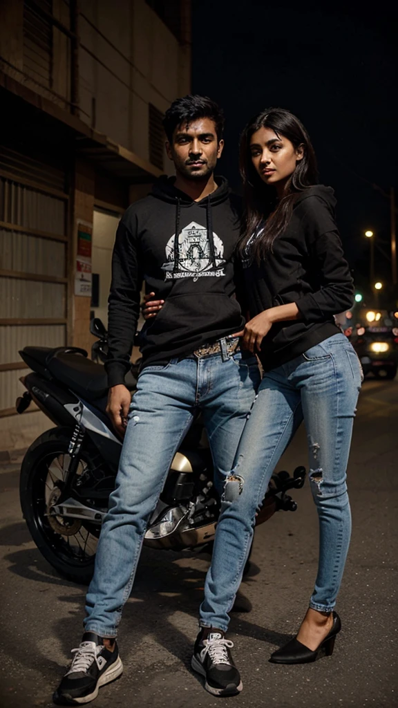 Hot Indian guy wearing a black hoodie, jeans on a superbike in th roads of noida with hot Indian girl 