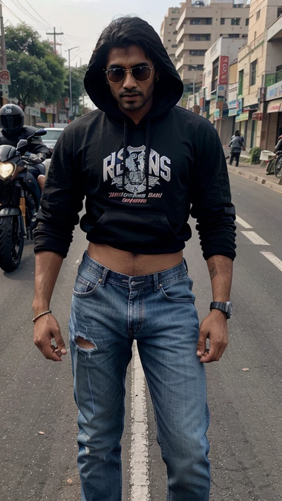 Hot Indian guy wearing a black hoodie, jeans on a superbike in th roads of noida with hot Indian girl