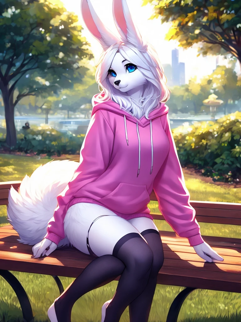 bunny girl with blue eyes, black nose, white fur, fluffy tail, white ears, long white hair, outside park background, sitting down on a bench, hair over one eye, pink hoodie, full body, big, realistic, silver stockings 