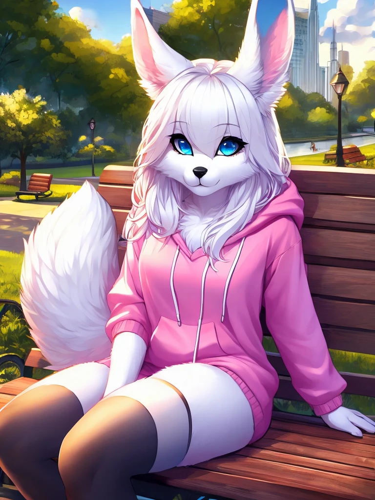 bunny girl with blue eyes, black nose, white fur, fluffy tail, white ears, long white hair, outside park background, sitting down on a bench, hair over one eye, pink hoodie, full body, big, realistic, silver stockings 