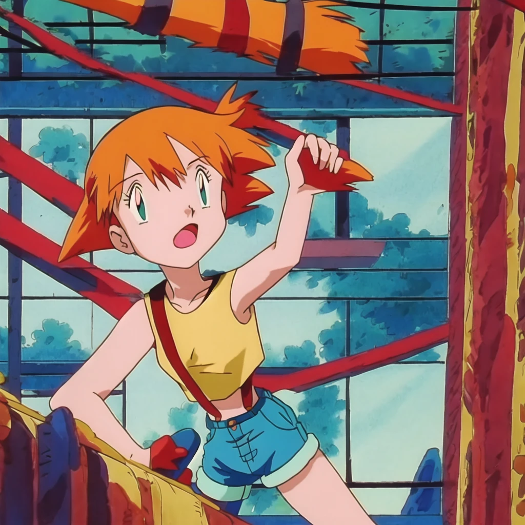 misty (pokemon), 1girl, solo, yellow shirt, sleeveless shirt, suspenders, denim shorts, outdoors