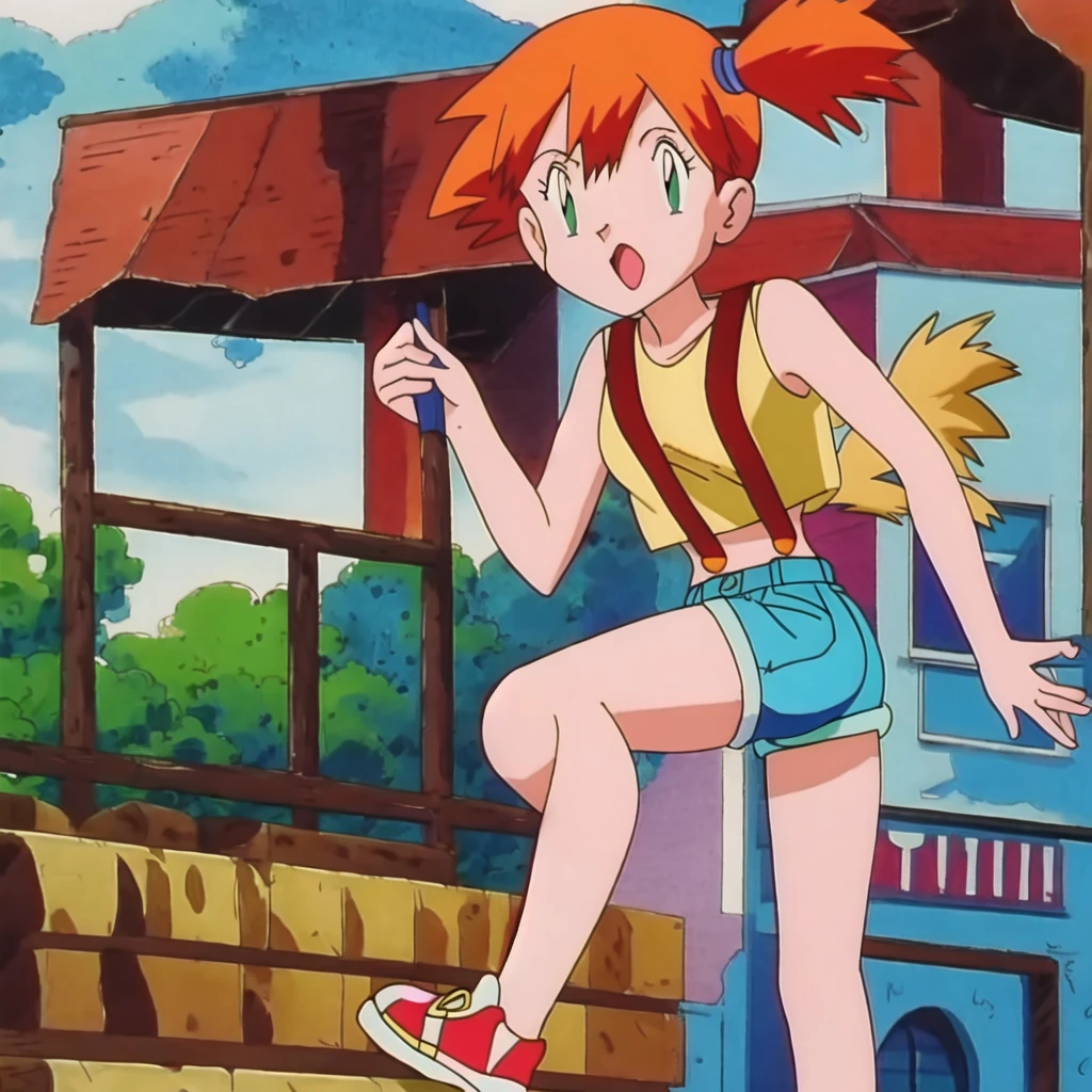 misty (pokemon), 1girl, solo, yellow shirt, sleeveless shirt, suspenders, denim shorts, outdoors