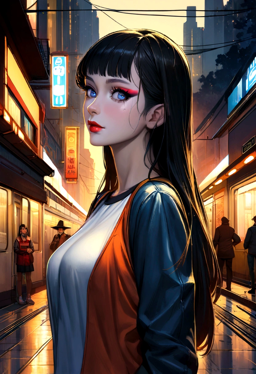 Rainy Night,City,On the busy streets of Gintama，A man in sportswear，Beautiful woman with hot girl makeup, There are vendors all around, Beautiful portrait of a stunning goddess girl, Beautiful and delicate face, Porcelain skin, full-body shot, Center, Super soft light, symmetry, complex, elegant, Very detailed, Reality, Art Station, Concept Art, Smooth, As imagined by greg rutkowski and borris vallejo, cover, trendy style