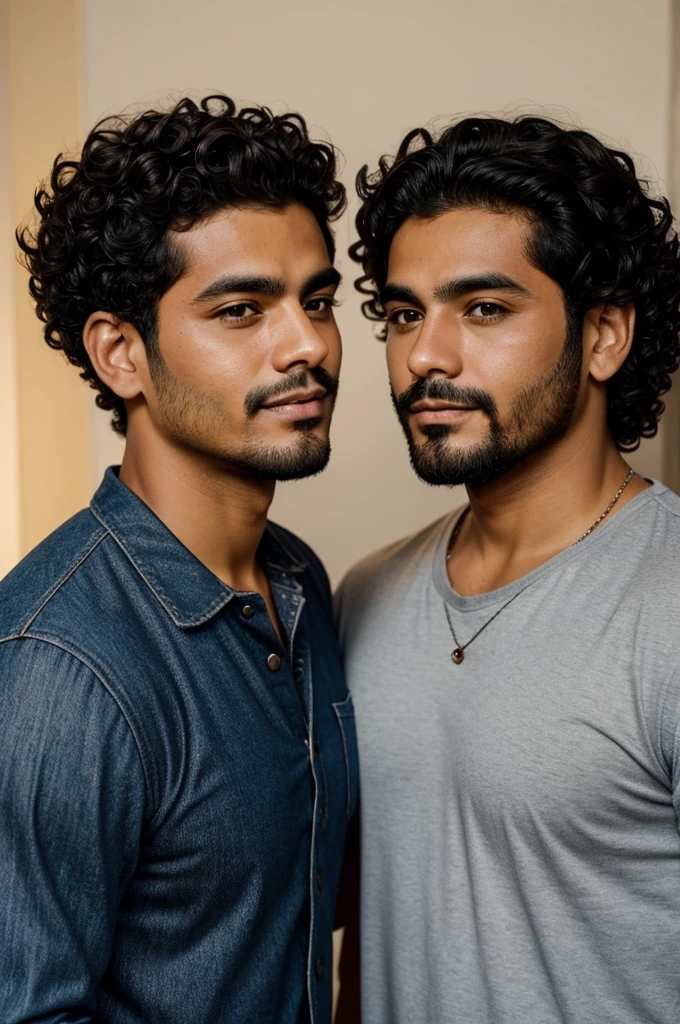 Two Mexican men in love, One of them must be dark with curly hair and the other with short straight hair attached to the nape of the neck and medium brown skin.