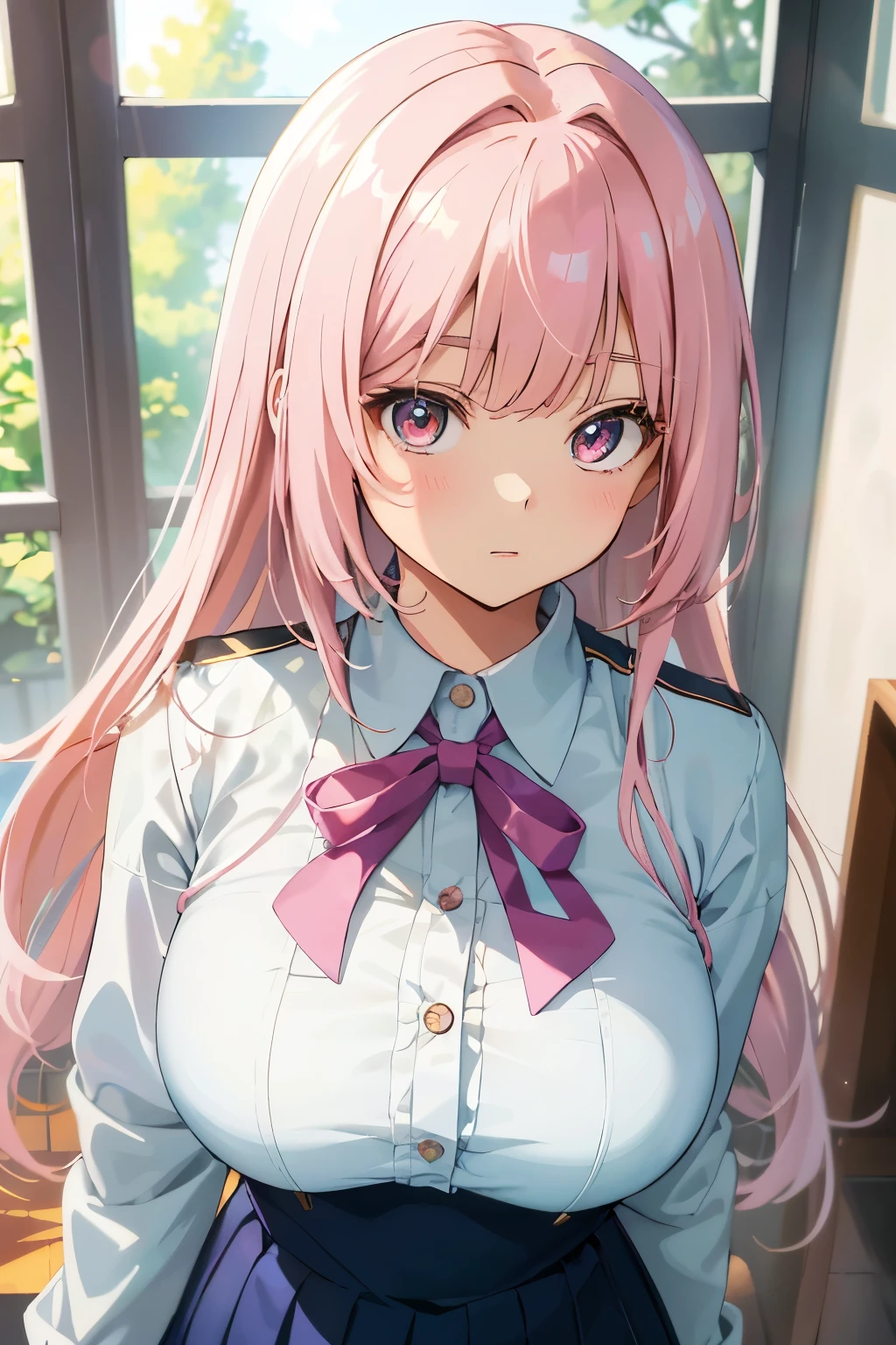 ((masterpiece)), ((best quality)), (ultra-detailed), ((anime style:1.2)), cute, (lovely), ((sexy)), ((extremely detailed)), 4K,
This is a stunning screenshot of a 15-year-old girl from My Hero Academia, showcasing her UA uniform. Her white skin is flawless, and her pastel pink hair is long, wavy, and adorned with delicate bangs that frame her face. Her big pink eyes, highlighted with a gentle shade of natural makeup, radiate kindness and innocence. Her buttoned nose and pompous lips accentuate her youthful charm.
She is wearing