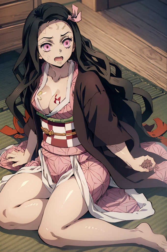 (masterpiece:1.3), (best quality:1.1), (8k, ultra detailed, ultra high res:1.2), ((anime style)), perfect 5 fingers, perfect anatomy,
1girl,
Kamado Nezuko,
BREAK long hair, wavy hair, forehead,
black hair,
pink eyes, empty eyes,
ribbon,
small breasts,
BREAK japanese clothes, pink kimono, brown haori, obi,
smile,
looking at viewer,
BREAK upper body, (eating, cream puff:1.2), sitting, wariza, open mouth,
perfect light, indoor, inside, Japanese-style Room,