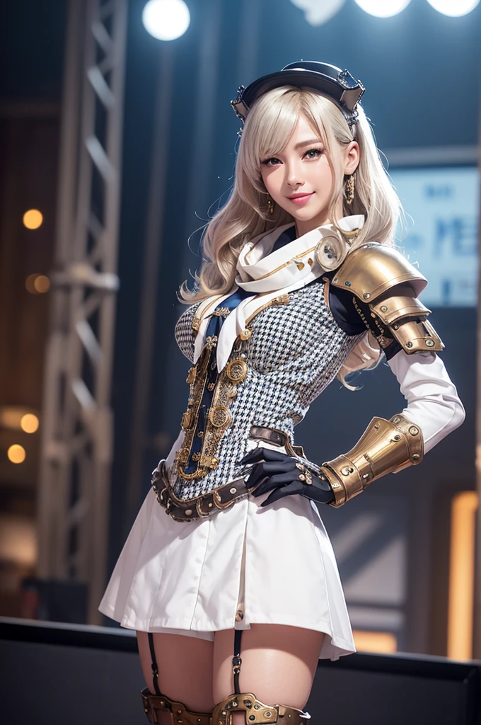 Woman portrait、Highest quality、Rear view、8K,Detailed face, clear, Fine skin、Clear, beautiful eyes、whole body、(Curly Hair)、My hair was messed up by the wind、The beauty of a smile、(Glamorous Muscle、tall),(Hip_superior, Hip superior), Mature Woman,( Watching the audience),Realistic, High resolution, Soft Light,1 female, alone, Hipアップ, Glowing Skin, (Detailed face), Sexy smile, Perfect Style, Perfect balance,Platinum gold hair,Long Hair,Naughty look,((Gorgeous steampunk hanbok,gyaru、Houndstooth)),(Blue and white mech, High-tech Mecha,Beautiful steampunk cyborg woman,Steampunk Mecha Cyborg Girl,Blue steampunk blue and white jacket,white dress shirt、buttons、epaulettes,beads,elbow gloves,Short jeweled tie、Gemstone Helmet,belt steampunk bodystocking,High leg、Steampunk scarf,Steampunk dress),((arms behind back)),(bokeh),(studio lighting)