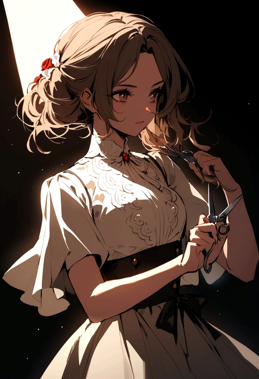 Rose Oriana, with scissors, cutting her hair