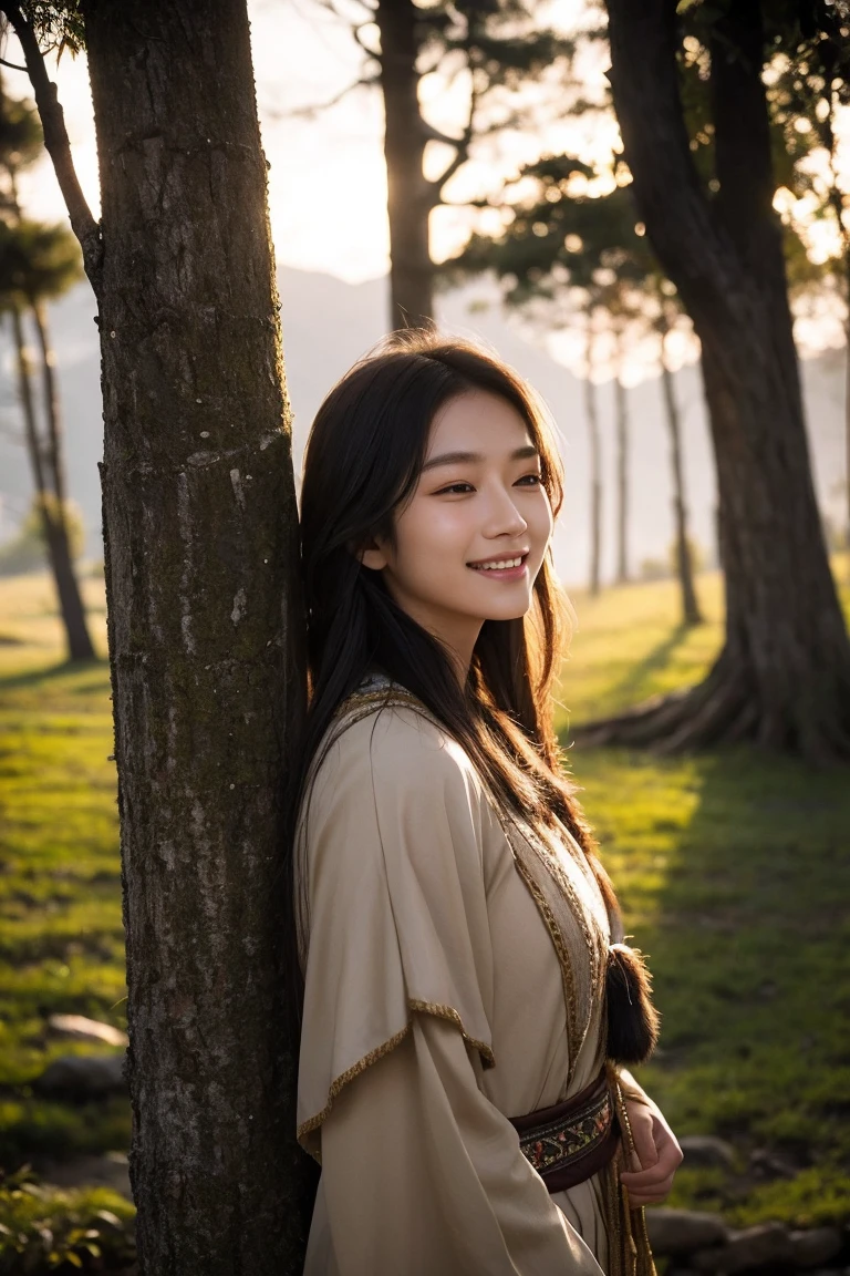 (rough:0.5), cinematic, girl,Native,fancy,(alone:1.3), detailed eyes, detailed face, detailed  Native clothing , volumetric lighting, Dusk, highly detailed background, Standing next to a tree, smiling, half closed eyes, tilted head, from the side