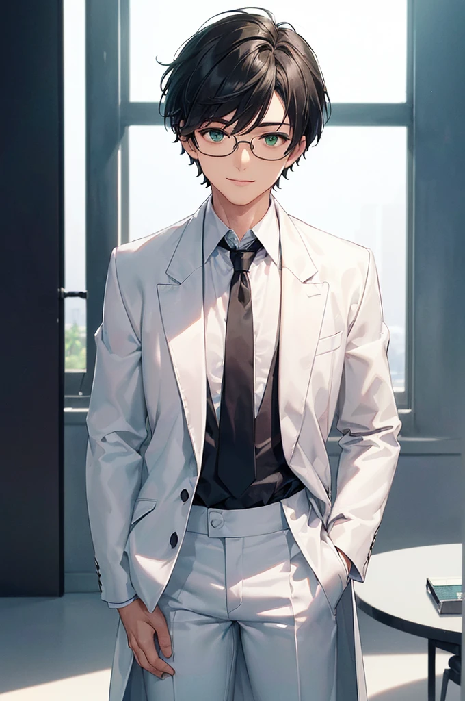 (masterpiece; best quality: 1.2), (finely detailed eyes: 1.3), ((25 year old man)), ((solo)), (green eyes: 1.4), (body; lean, lithe, masculine: 1.3), (very short black hair: 1.3), (beautiful and clear background: 1.2), ((depth of field)), (equipment: white open labcoat + black shirt + white necktie + white pants + black square glasses: 1.3), (anime illustration: 1.2), (background composition; japanese highschool classroom + furniture: 1.1), (extremely fine and handsome: 1.1), (shot composition; standing + centered on torso + close-up: 1.5), (expression; calm, smile: 1.2)