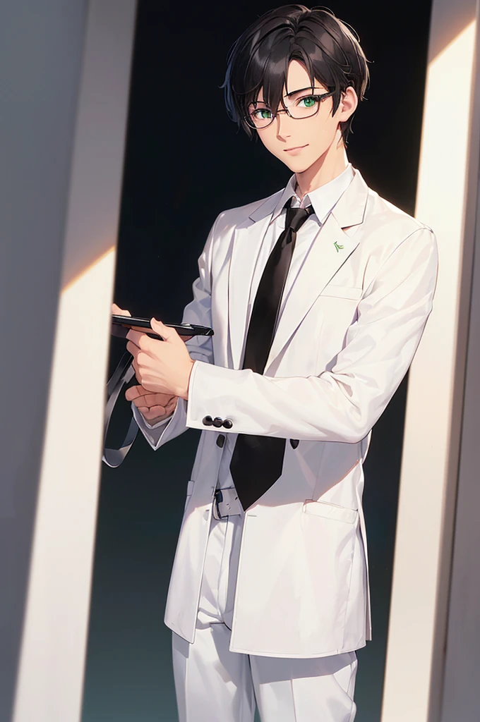 (masterpiece; best quality: 1.2), (finely detailed eyes: 1.3), ((25 year old man)), ((solo)), (green eyes: 1.4), (body; lean, lithe, masculine: 1.3), (very short black hair: 1.3), (beautiful and clear background: 1.2), ((depth of field)), (equipment: white open labcoat + black shirt + white necktie + white pants + black square glasses: 1.3), (anime illustration: 1.2), (background composition; japanese highschool classroom + furniture: 1.1), (extremely fine and handsome: 1.1), (shot composition; standing + centered on torso + close-up: 1.5), (expression; calm, smile: 1.2)