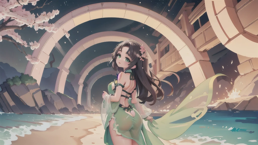 (masterpiece, 1girl, highres, kinomoto_sakura, green eyes, wearing (night gown), good mood, very detailed, full of detail, on a beach, cinematic lighting), (arched back, Appearance from behind, round ass:1.7)