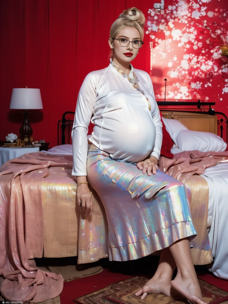 The best picture,The most realistic,4K clarity,bright picture,(Old Europe woman),(age 70),Pregnant, half image distance ,White long-sleeved cotton shirt , holographic leather skirt,nude,Twintail hairstyle , glasses, red lips, organs not distorted, organs not torn and not overloaded, bedroom