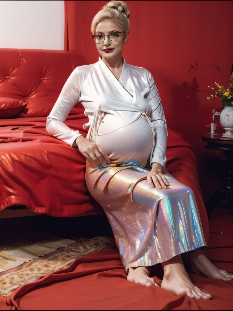 The best picture,The most realistic,4K clarity,bright picture,(Old Europe woman),(age 70),Pregnant, half image distance ,White long-sleeved cotton shirt , holographic leather skirt,nude,Twintail hairstyle , glasses, red lips, organs not distorted, organs not torn and not overloaded, bedroom 