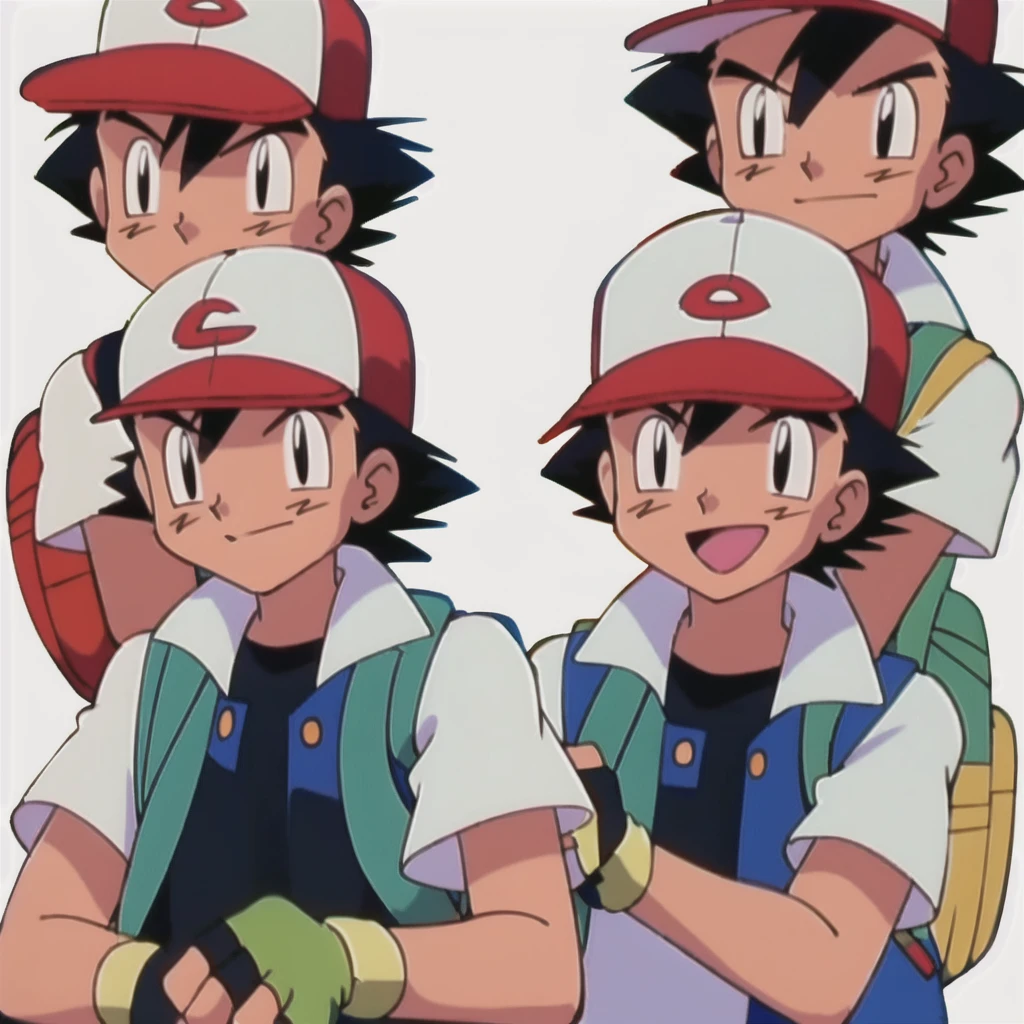(masterpiece, best quality:1.2),1boy,solo,ash ketchum \(pokemon\),upper body,black eyes,black hair,black shirt,blue vest,black eyes,hat,short sleeves,backpack,smile,looking at viewer,fingerless gloves,spiked hair