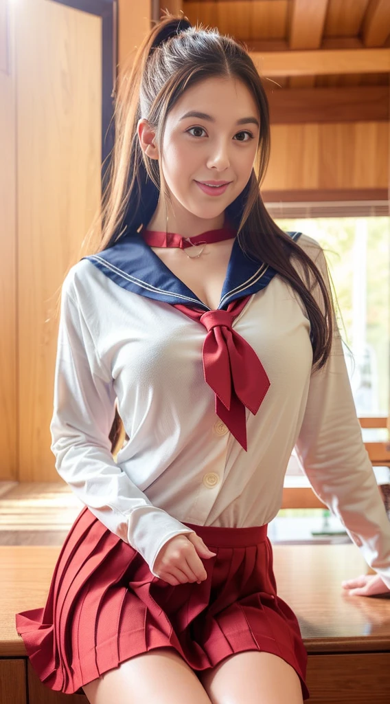 (8K、RAW Photos、maximum quality、Masterpiece artwork:1.2)、(realisitic、Photorealistic:1.2)、1 western girl、western woman beauty ((white shirt with long sleeves、a sailor suit、red necktie、Navy blue pleated skirt))、(high school girl)、age 28、Roll up skirt、big eyelash girls、Lame in dark red eyelids to the knee、Skeletally correct、open groin、wavy twintails、cute smile、sweaty body、attractive body beautiful perfect body、Emphasis on line V、hands behind head、、