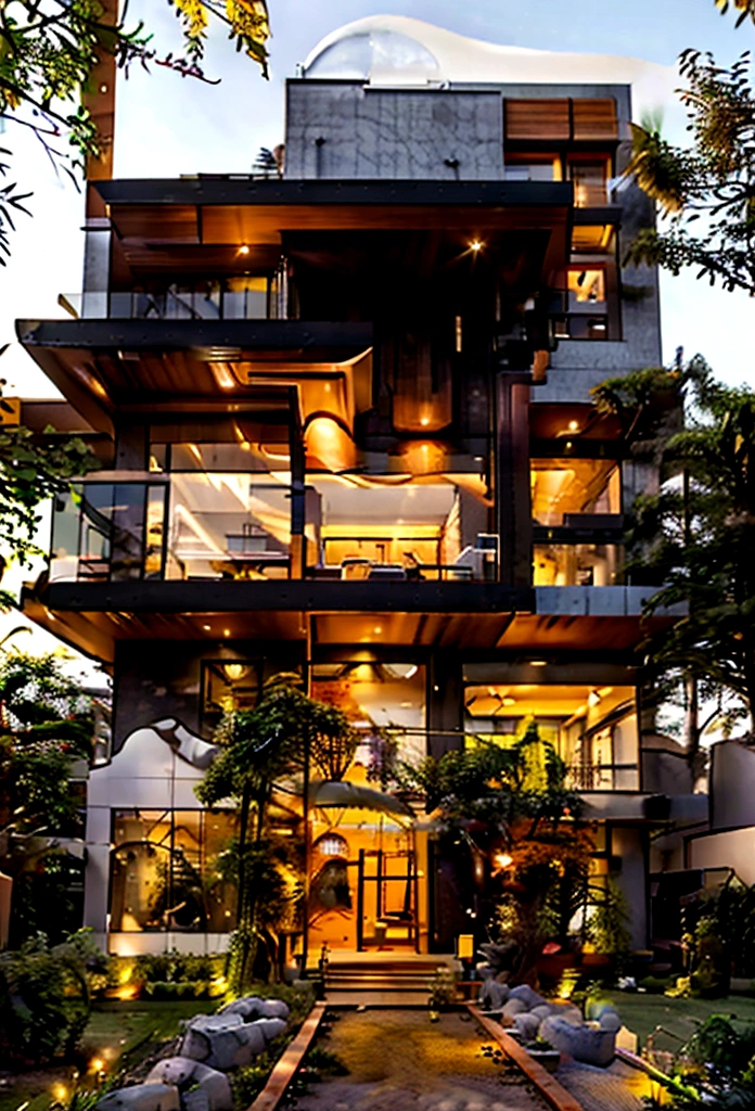 orange mansion, Modern flair, a lot of trees, paisaje, matching orange walls, glass and wood, twinkling, created with straight lines