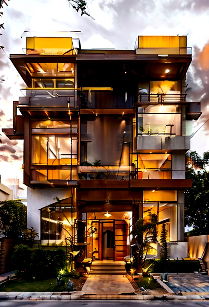 orange mansion, Modern flair, a lot of trees, paisaje, matching orange walls, glass and wood, twinkling, created with straight lines