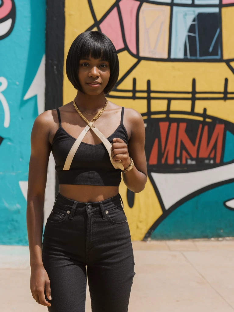 her name is Jamila, high quality, 1girl, ((20-year-old fit black woman)), ((25 years old)), ((slim)), short bob, pose: standing, wearing stylish fashionable Generation-Z modern wear different colored, BACKGROUND: outside: At Bondi Beach, where surfers ride waves against a backdrop of vibrant street art, cafes buzz.