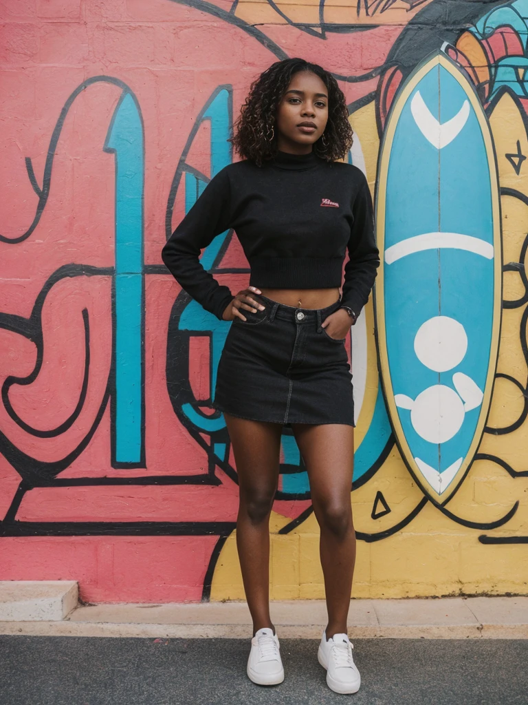 her name is Jamila, high quality, 1girl, ((20-year-old fit black woman)), ((25 years old)), ((slim)), short bob, pose: standing, wearing stylish fashionable Generation-Z modern wear different colored, BACKGROUND: outside: At Bondi Beach, where surfers ride waves against a backdrop of vibrant street art, cafes buzz.